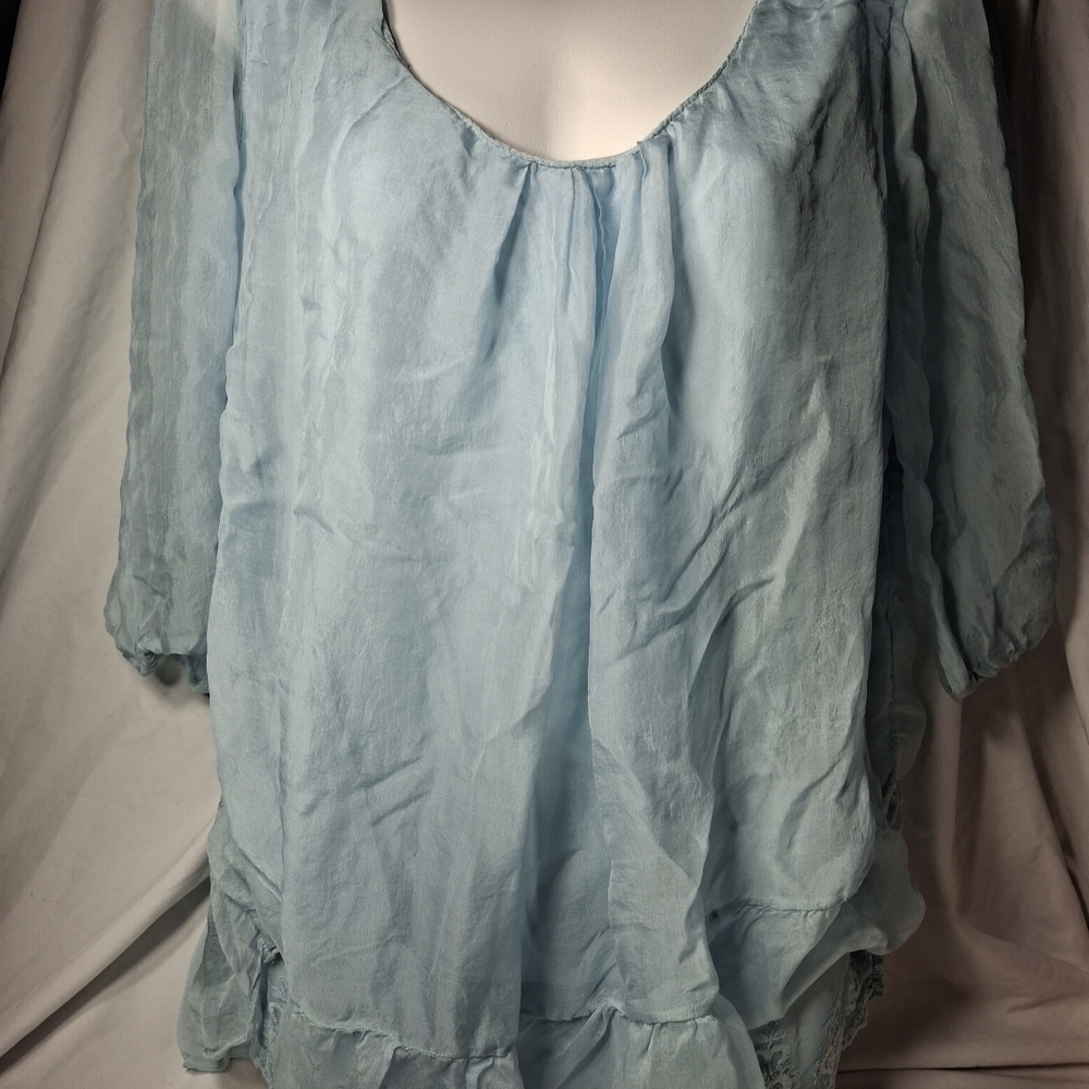 Women's Light Blue  100% Silk Scoop-Neck Peasant Blouse